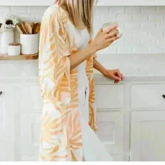 Maison Du Soir Magnolia Luxe Yellow and White Palm Print Robe/Kimono - xs/s - Picture 2 of 7